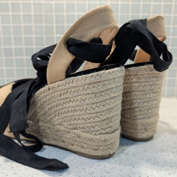 Zara Espadrille Wedge Sandals Black Tan Ankle Tie Wrap Platform Heels - Picture 12 of 14